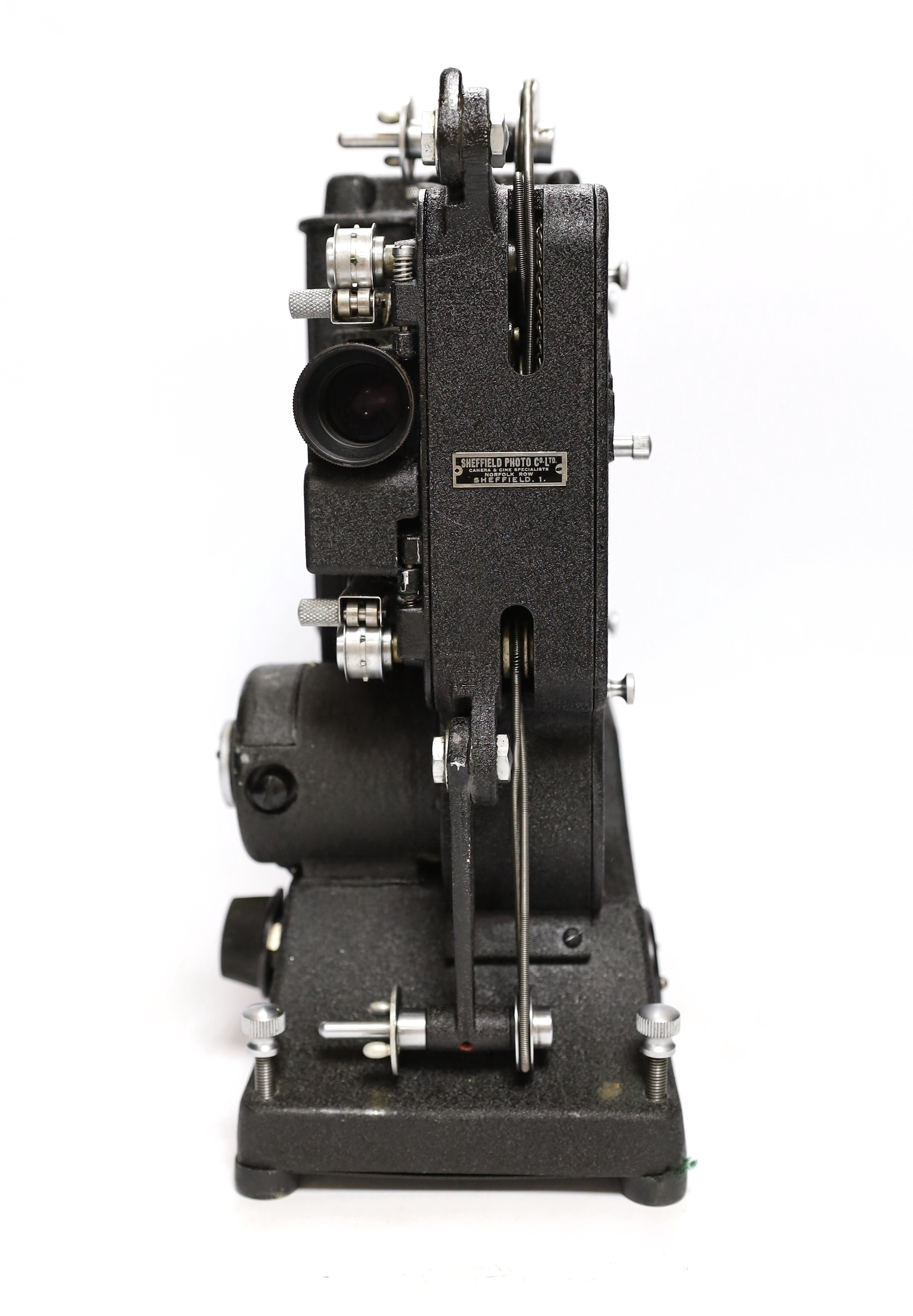A Specto 9.5mm cine film projector in a leather case, case 32cm x 38cm x 18cm
